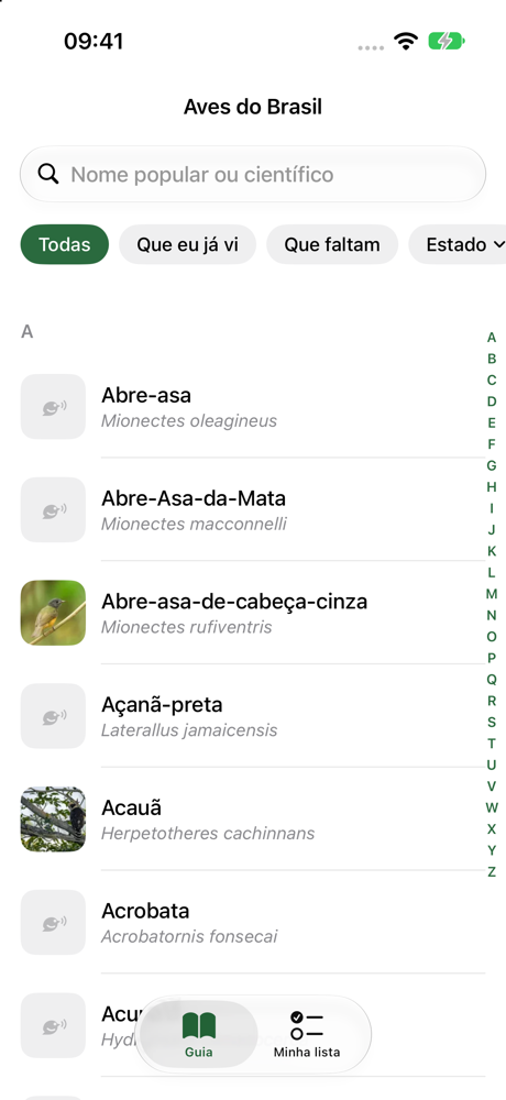 Tela do guia do Piu com a lista de aves do Brasil